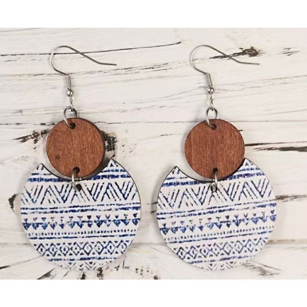NWT Boho Wooden Blue White Aztec Design Dangle Hook Earrings